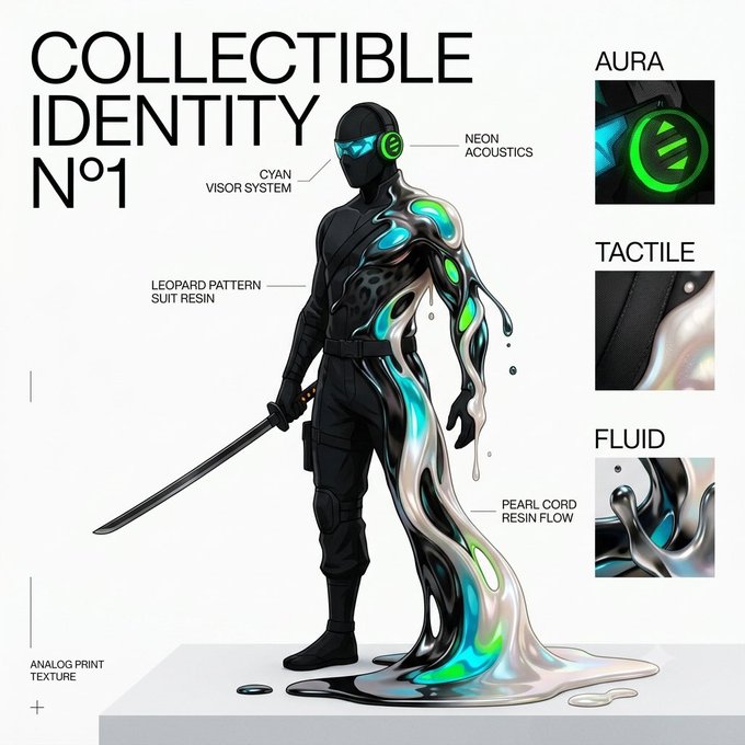 A sleek collectible figure design titled "COLLECTIBLE IDENTITY N°1" features a futuristic character with a cyan visor system, neon acoustics, leopard pattern suit resin, and pearl cord resin flow, making it an ideal weekend visual for NFT enthusiasts seeking unique digital art inspiration.