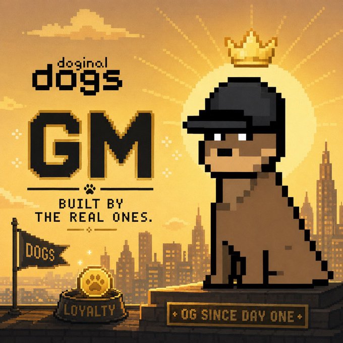 A pixel art 'GM' graphic for 'doginal dogs' featuring a dog character wearing a cap with a crown, set against a city skyline at sunset with the tagline 'Built by the real ones' and 'OG since day one.'