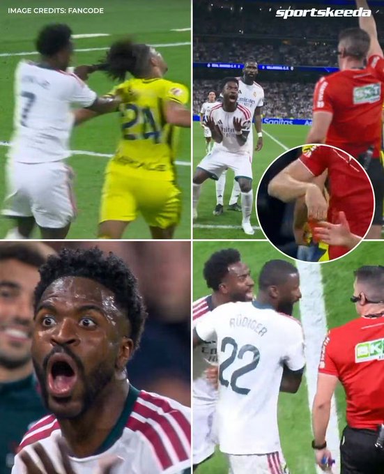 A collage of four images shows soccer players in a confrontation, featuring a referee in a red shirt, a player in a white jersey, and a player in a yellow jersey (number 24) appearing to spit at another, with watermarks 'IMAGE CREDITS: FANCODE' and 'sportskeeda'.