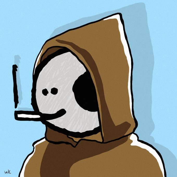 A cartoon-style drawing of a hooded figure with a skull-like white face, dark eyes, and a simple smile, smoking a cigarette against a light blue background, signed 'ink'.