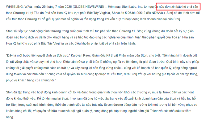 A Vietnamese news article from WHEELING, W.Va., dated July 26, 2026, about Story Labs, Inc. facing a Chapter 11 bankruptcy filing, with a portion highlighted in red reading "nộp đơn xin bảo hộ phá sản" (filing for bankruptcy protection).
