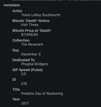 Metadata for a 2017 artwork titled 'Predicts Day of Reckoning' by Travis LeRoy Southworth, listing Bitcoin 'Death' Price at $11458.94 from Irish Times, dedicated to Phygital Bridgers.