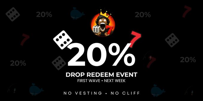 A promotional graphic announcing a '20% DROP REDEEM EVENT' with the text 'FIRST WAVE • NEXT WEEK' and 'NO VESTING • NO CLIFF', featuring dice and a lion cartoon character.