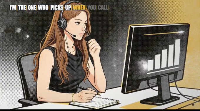 Comic-style illustration of a female call center agent with a headset at a computer, with text reading 'I'M THE ONE WHO PICKS UP WHEN YOU CALL'.