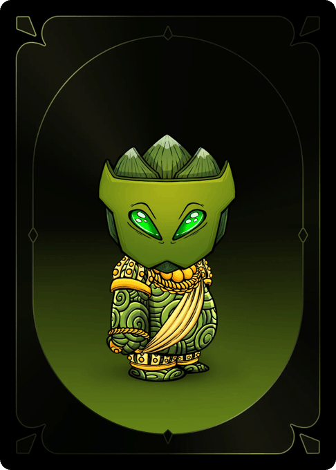 A digital illustration of a stylized green character resembling an alien or tribal figure with glowing green eyes, ornate gold clothing, and patterned green attire, framed within an ornate border on a dark green background.