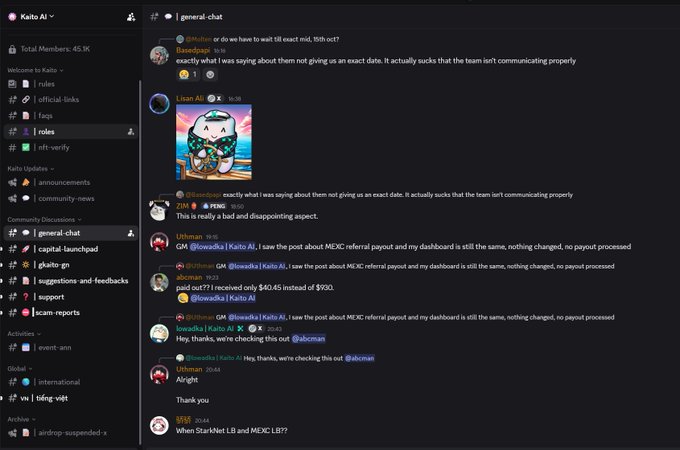 A Discord chat interface on the Kaito AI platform showing messages in a general-chat channel where users discuss communication issues and MEXC referral payouts.