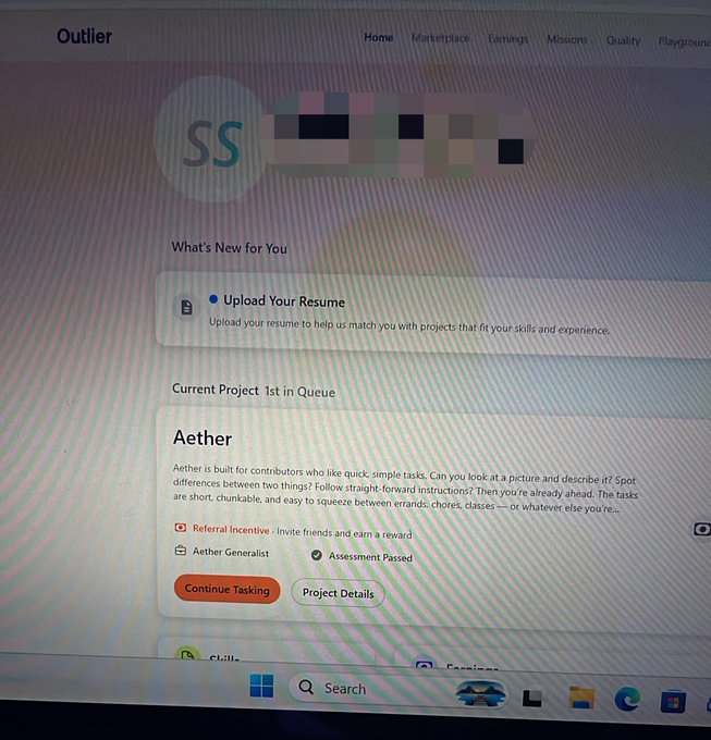 Outlier platform dashboard on a Windows computer screen showing a profile for 'SS' and project information for 'Aether', a task platform for image description work, with options to continue tasking or view project details.