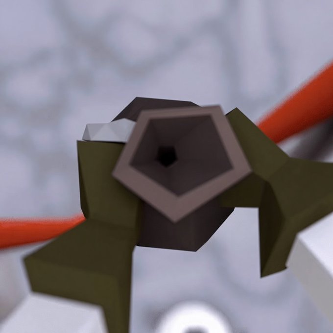 A low-poly 3D rendered object, possibly a geometric structure or weapon, featuring green and gray hexagonal shapes against a blurred white and red background.
