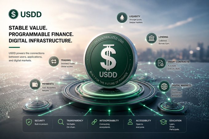 A promotional graphic for USDD with the text 'STABLE VALUE. PROGRAMMABLE FINANCE. DIGITAL INFRASTRUCTURE.' featuring a green coin emblem and various feature icons.