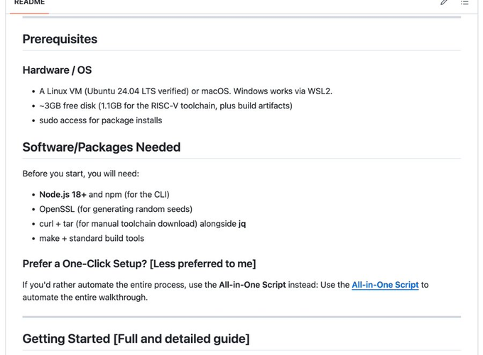 A README documentation page listing prerequisites for a project, including hardware/OS requirements like Ubuntu 24.04 LTS or macOS, and software like Node.js 18+, OpenSSL, and build tools.