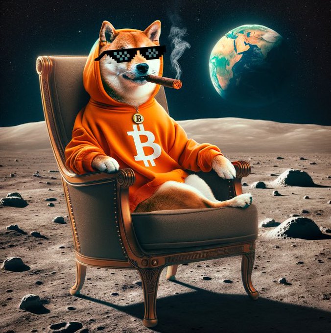 An AI-generated illustration of a Shiba Inu dog wearing pixelated sunglasses and an orange Bitcoin hoodie, casually smoking a cigar while sitting in a regal chair on the moon with Earth in the background.