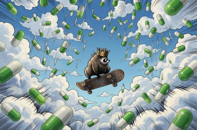 A whimsical digital illustration of a small Shiba Inu dog wearing a golden crown while riding a skateboard through a cloudy sky filled with falling green and white pill-shaped capsules.