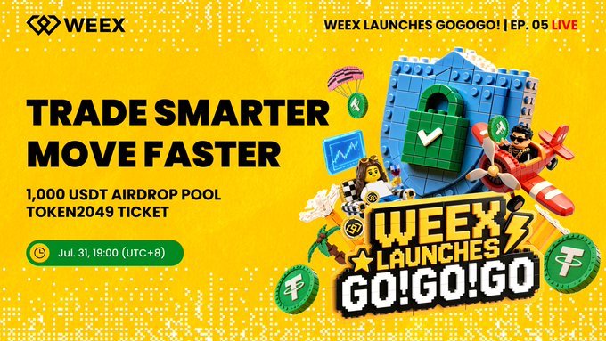 A promotional banner for WEEX Launches GO!GO!GO! Ep. 05 LIVE, advertising a 1,000 USDT airdrop pool and Token2049 ticket, with "Trade Smarter Move Faster" branding scheduled for Jul. 31, 19:00 (UTC+8). The yellow graphic features playful 3D characters, a shield with a checkmark, and crypto-themed coins, matching the post's call to watch live for red packets and trading prizes.
