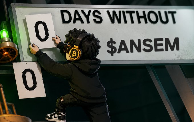 A digital rendering of a person wearing Bitcoin-themed headphones placing a '0' on a 'DAYS WITHOUT $ANSEM' sign, with the number already at 00.