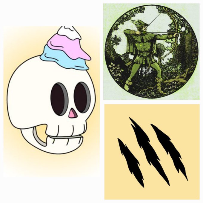 The image features a skull with ice cream on top, a vintage illustration of Robin Hood aiming a bow, and three black claw marks, representing three of the early NFT mints mentioned: Skeletoons (skull with ice cream), Sherwood NFTs (Robin Hood), and Felis (claw marks).