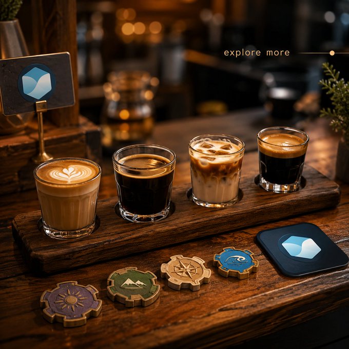 A wooden flight of four espresso drinks sits on a bar alongside branded coasters, a coaster sign, and a sleek blue logo coaster, while the text "explore more" appears in the upper right. The image visually mirrors the post's idea: like sampling a coffee flight, the points program encourages users to try varied experiences rather than chasing one repeating reward.