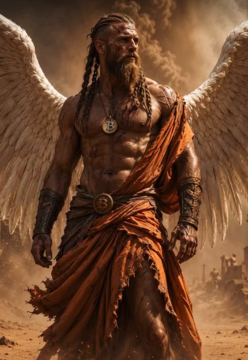 The image features a muscular man with an angelic appearance wearing an orange robe and wings. The background of the photo shows a desert landscape with sand dunes and mountains. There are also some texts present, which read "$DOG has followed the macro & its TA → Dipped & I’ve never had this kind of inner peace for mths, this is our salvation". This suggests that the man in the image might be a deity or a powerful figure who has been chosen to protect and guide others. The angelic appearance combined with his role as a protector makes him an ideal representation of strength, wisdom, and divine intervention.