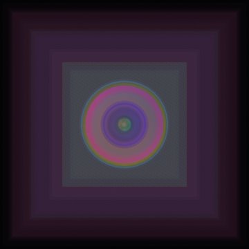 An abstract digital image features concentric square frames in dark purple shades surrounding a circular, rainbow-colored glowing center.