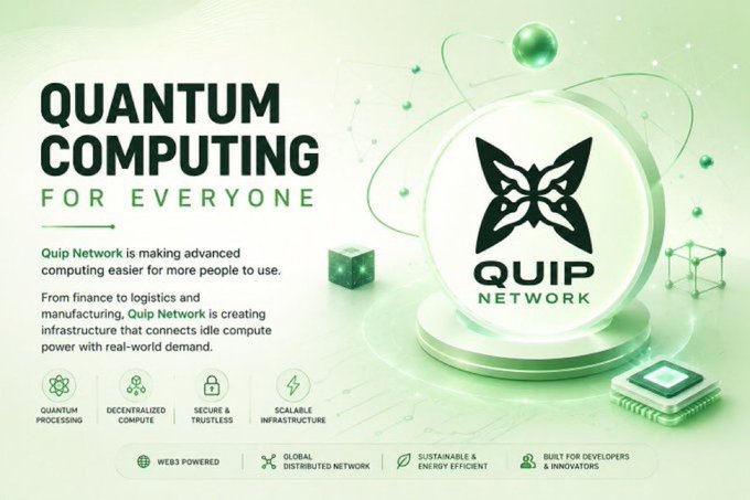 The image features a white circle with a black butterfly graphic, surrounded by various computer parts such as processors, chips, and wires. The background of the image is green, which contrasts with the white circle and adds visual interest. The text on the image reads "Quantum Computing for Everyone" followed by "Q-Day is the ticking time bomb nobody really wants to talk about Q-day is that powerful that it will threaten crypto security to the very last. we are almost getting to the day where quantum computers can break the cryptography protecting BTC or ETH." The image seems to be promoting a new technology, Quantum Computing, and its potential impact on cryptocurrency security.