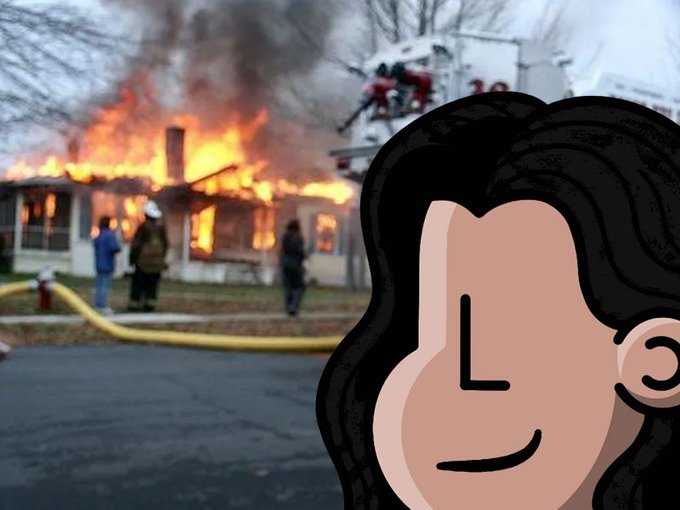 The image features a cartoon depiction of a woman's face, with her hair styled in a bun or ponytail, looking over her shoulder towards an ongoing fire at a house. The background shows smoke rising from the burning building, indicating that there is a fire nearby. The caption "NPC holders while the market is on fire." suggests that the scene might be part of a story or narrative involving a character named NPC (Non-player characters), who are in danger due to the fire at the house.