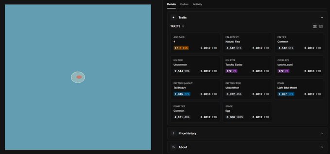 A digital Koi pond interface on onchainkoi.xyz with a small orange fish swimming in a blue tank, alongside a trading panel showing various NFT koi tiers (Age, Natural Flow, Fin Tier, and others) priced in ETH with percentage gains/losses.