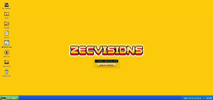 A retro Windows 95-style desktop wallpaper with a yellow background featuring the pixel-art logo "ZECVISIONS" and an "Apply for whitelist" button.