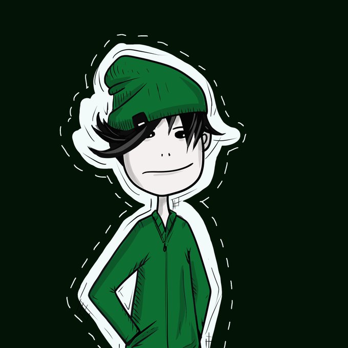 A cartoon-style digital drawing of a character with black hair wearing a green beanie and green jacket, set against a dark green background with white outline accents.