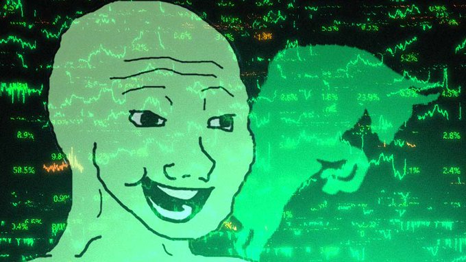 A green-tinted image combining the classic 'Wojak' meme face and 'Soyjak' face overlaid on a background of stock market charts and trading percentages.