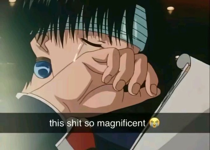 An anime screenshot depicts a teary-eyed character in a blue-striped cap covering their face with their hands, overlaid with the caption 'this shit so magnificent 😭'.