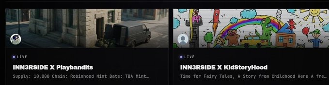 Two live stream thumbnails displayed side-by-side: 'INNN3RSIDE X Playbandits' showing a van parked on a street, and 'INNN3RSIDE X KidStoryHood' featuring colorful children's illustrations.