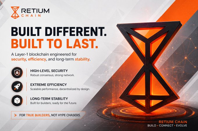 The image features an advertisement for a cryptocurrency called @Retium Chain, which is not like other cryptocurrencies that are built on hype or speculation. The advertisement highlights Retium's unique selling point by showcasing a black triangle symbol with orange lines inside of it, positioned in the center of the image. The text above and below the triangle reads "Built Different. Build to Last." This implies that Retium focuses on creating a stable and secure blockchain system rather than being built for quick gains or hype.