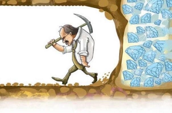 A cartoon illustration depicts a tired miner with a pickaxe walking through a tunnel toward a sparkling pile of blue diamonds.