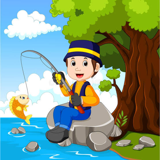 The image features a cartoon boy sitting on a rock by a body of water, holding a fishing rod and smiling as he waits for a fish to bite his line. The caption below the image explains that the post was chosen because it highlights the importance of speed, precision, and constant interaction in the world of trading, which is relevant to the boy's fishing activity.
