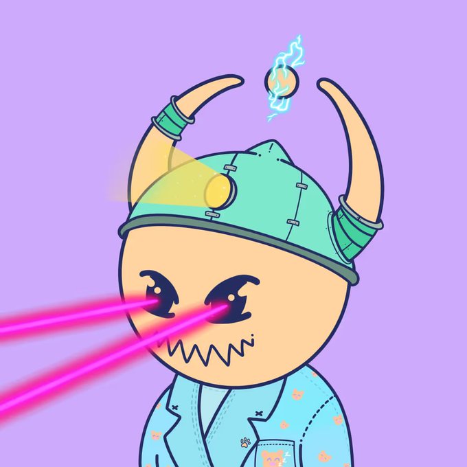Cute cartoon character wearing a teal Viking-style helmet with horns and a patched coat, shooting pink laser beams from their eyes with a small electric orb floating above on a purple background.