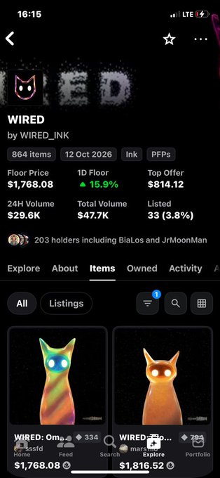 A screenshot of an NFT collection page for 'WIRED' by WIRED_INK showing 864 items, with a floor price of $1,768.08, 1D Floor up 15.9%, top offer at $814.12, and listings of WIRED cat-style NFTs.