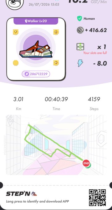 A STEP'N app screenshot featuring a Walker Lv20 sneaker NFT with stats: 10.2 GST/Min, 3.01 Km, 00:40:39 time, and 4159 steps.