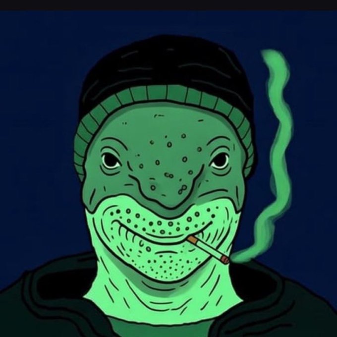 An illustration of a green anthropomorphic frog/turtle character wearing a black beanie and hoodie, smoking a cigarette with smoke rising beside its face against a dark blue background.