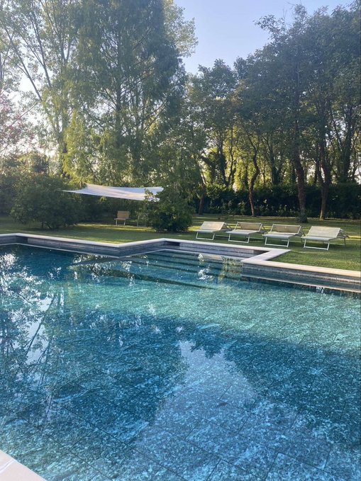 A serene backyard pool with lounge chairs and lush green trees, capturing a peaceful morning vibe perfect for a "GM" greeting. The tranquil scene invites a relaxed start to the day.