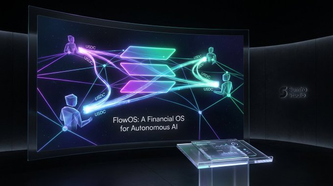 A curved display shows FlowOS: A Financial OS for Autonomous AI, featuring glowing humanoid figures connected by neon data streams labeled "USDC," with a Sumiro Studio logo visible on the right and a small control panel in the foreground. The visual illustrates the startup's concept of AI agents autonomously transacting and collaborating using USDC on Solana's blockchain.