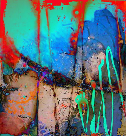 A vibrant abstract painting features bold drips and splatters of turquoise, red, blue, and black paint layered over a textured, earthy background.