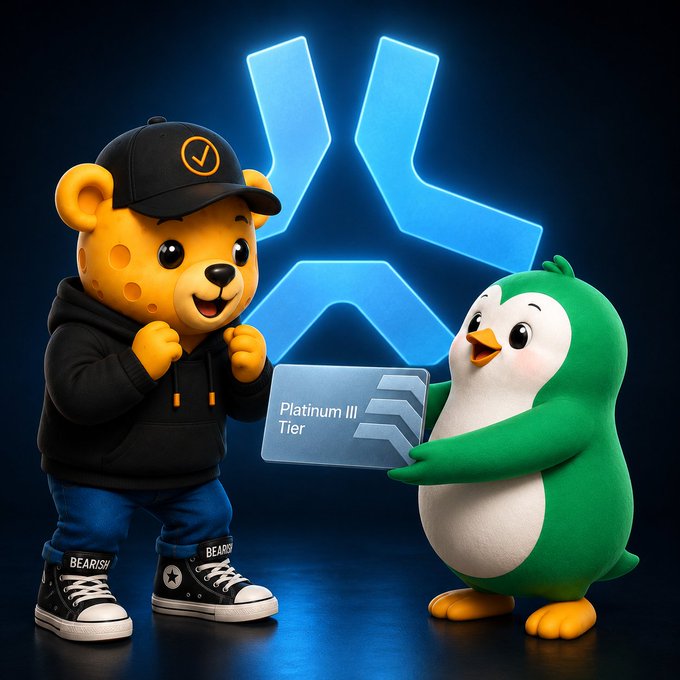 A 3D-rendered yellow bear character wearing a black cap and hoodie with 'BEARISH' shoes standing next to a green penguin holding a 'Platinum III Tier' card, with a blue X logo in the background.