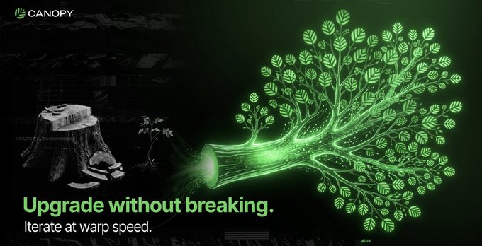 A Canopy Network promotional image features a glowing green tree emerging from a cut log stump, with the tagline "Upgrade without breaking. Iterate at warp speed." The visual metaphor of a severed stump sprouting a vibrant, interconnected tree symbolizes Canopy's ability to restore growth and innovation to blockchain networks without requiring developers to abandon or rebuild their existing systems—aligning with the post's message about eliminating the trade-off between sovereignty and connectivity.