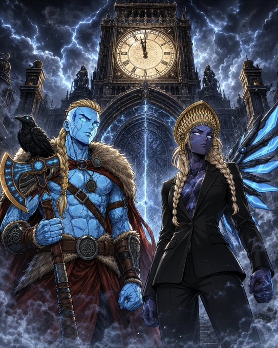 A fantasy comic-style illustration of a blue-skinned warrior with an axe and raven standing beside a winged blonde woman in a black suit, set against Big Ben under a stormy, lightning-filled sky.