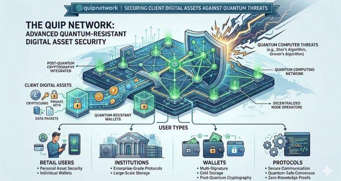 The image shows a visually appealing infographic illustrating how Quip's network can help with Quantum computing threats by protecting client data from unauthorized access using blockchain technology. The infographic includes various elements such as servers, cloud storage, and user involvement. It presents the information in a well-organized manner to make it easy for viewers to understand the key points about securing digital assets against Quantum attacks.