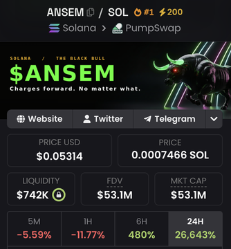 A crypto tracker screenshot showing the Solana-based token $ANSEM trading at $0.05314 with a $53.1M market cap (and a notable 26,643% surge over 24 hours), which aligns with the post noting the token recently reached a $66M market cap following @blknoiz06's airdrop.