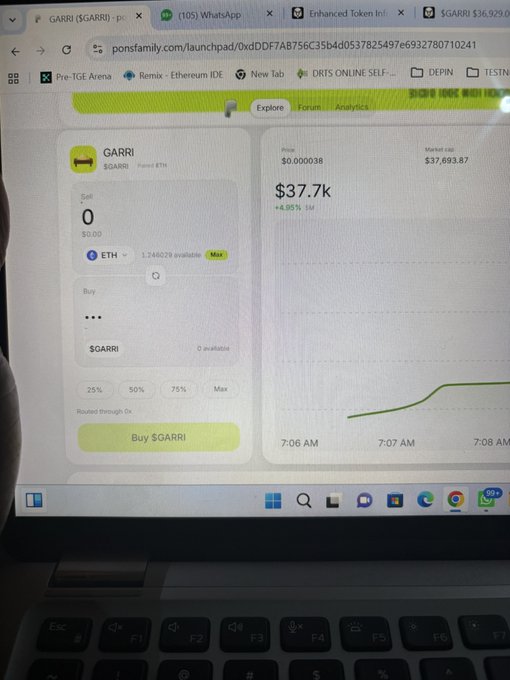 A laptop screen displays the $GARRI token trading page on Ponts.family, showing a market cap of $37.7K with a price of $0.000038, reinforcing the post's promotion to hold the token and create content for an airdrop reward.