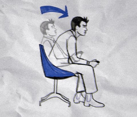 The image features a cartoon drawing of a man sitting in an office chair, holding a remote control. The drawing includes two different perspectives of the same person seated in the chair, with one person's head turned to the side and another person's head facing forward. The drawing also includes a blue arrow pointing upwards, suggesting that the man is looking up or towards something above him. The image seems to be related to an office setting, as indicated by the caption "gm fam new week new opportunities researcher mode locked in".