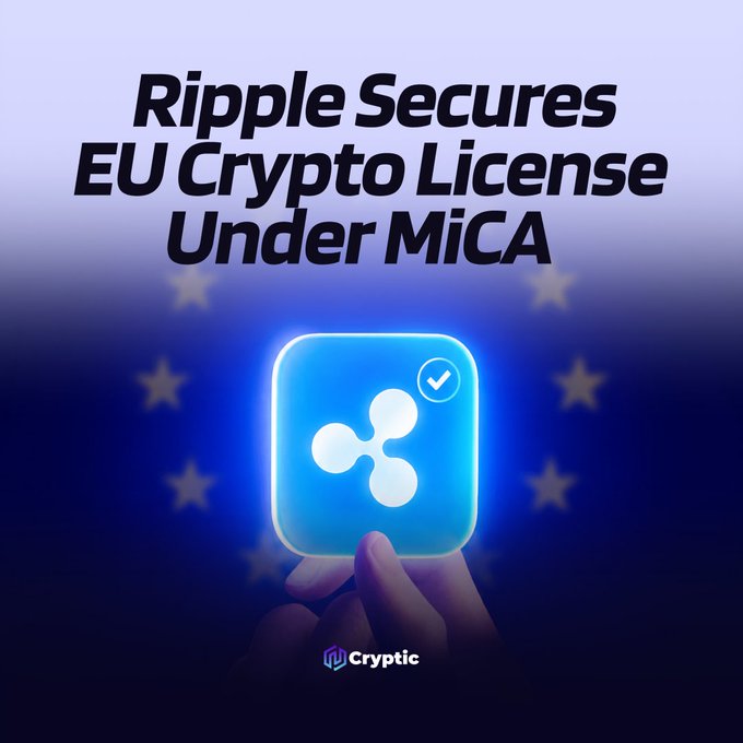 The image features a glowing Ripple logo displayed on a phone screen against an EU-flag background, with the headline "Ripple Secures EU Crypto License Under MiCA" — visually reinforcing the news that Ripple has obtained MiCA-compliant CASP approval in Luxembourg, enabling it to operate crypto services throughout the European Economic Area.