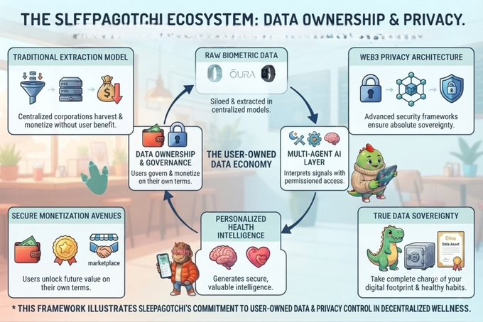 An infographic titled "THE SLFFPAGOTCHI ECOSYSTEM: DATA OWNERSHIP & PRIVACY" illustrating a shift from traditional data extraction to user-owned data economy with elements like raw biometric data, web3 privacy architecture, and personalized health intelligence.