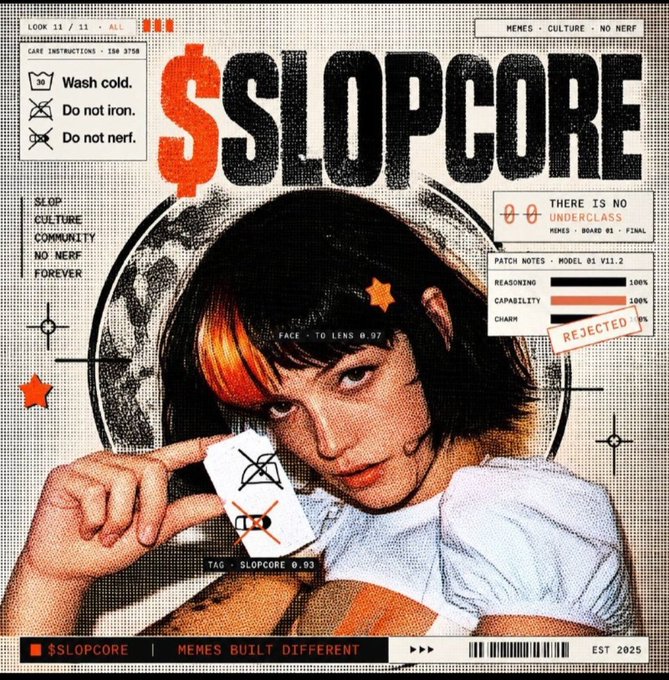 A stylized magazine-style graphic titled '$SLOPCORE' featuring a young woman with dark hair, orange streaks, and a star on her face, surrounded by UI elements like care instructions ('Wash cold,' 'Do not iron,' 'Do not nerf') and the tagline 'MEMES BUILT DIFFERENT'.